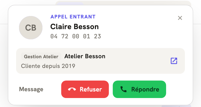 Un appel entrant dans LeBigo : le nom de l'appelante et ce que votre logiciel sait d'elle, avant de décrocher