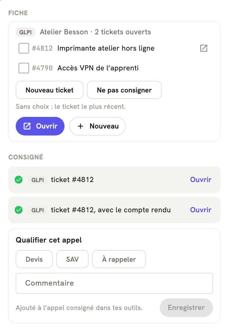 La fiche d'un appel terminé dans LeBigo : consigné dans GLPI, avec le compte rendu, et de quoi qualifier l'appel