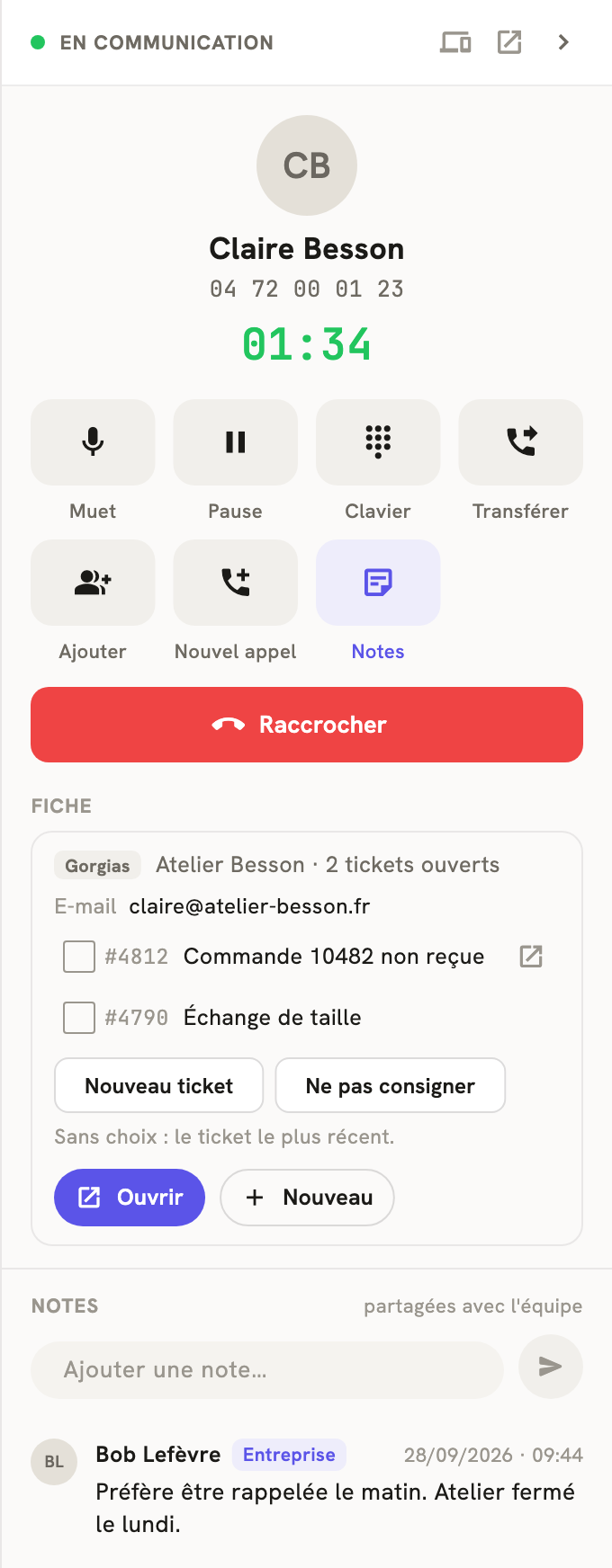 Le volet d'un appel en cours dans LeBigo : la fiche Gorgias du client, ses tickets à cocher, Nouveau ticket et Ne pas consigner