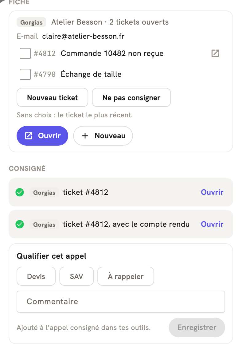 La fiche d'un appel terminé dans LeBigo : consigné dans Gorgias, avec le compte rendu, et de quoi qualifier l'appel