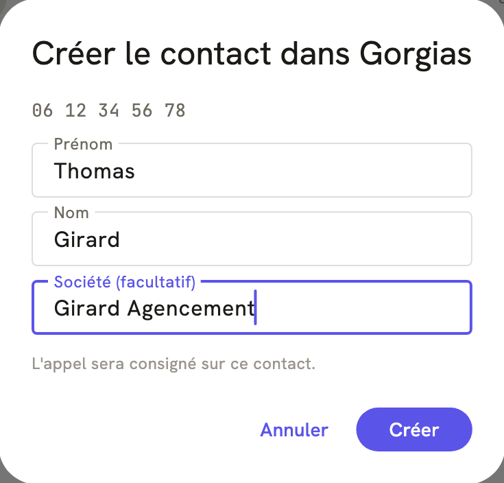 La fenêtre « Créer le contact dans Gorgias » de LeBigo, pendant un appel