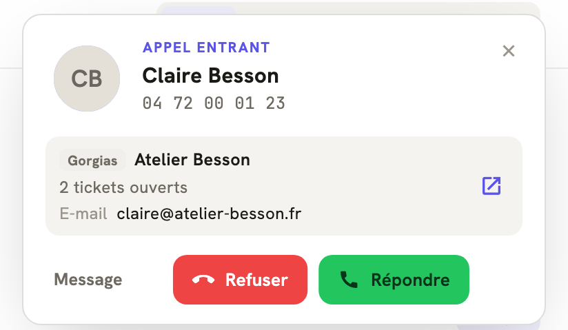 Un appel entrant dans LeBigo : le nom de l'appelante et ce que Gorgias sait d'elle, avant de décrocher