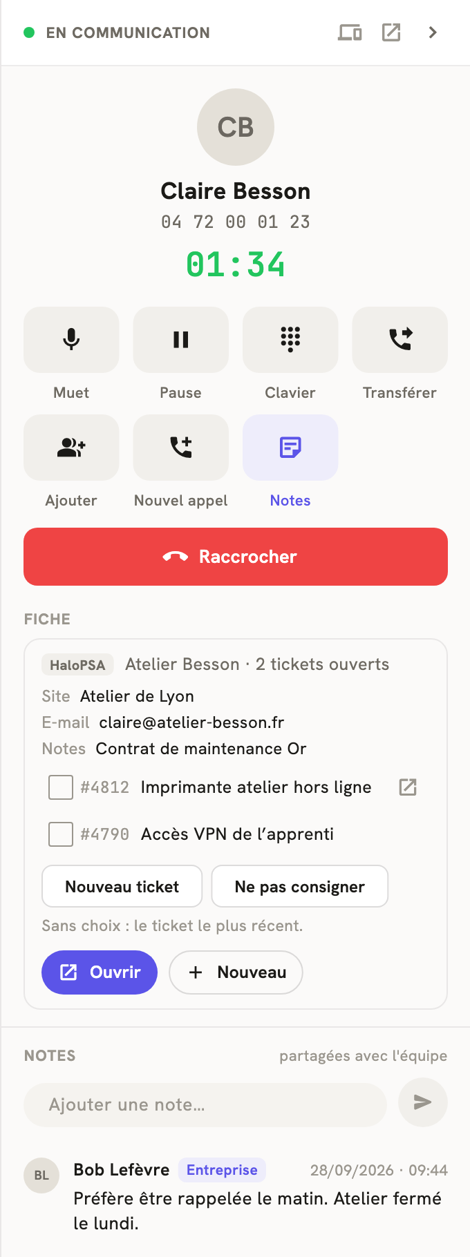 Le volet d'un appel en cours dans LeBigo : la fiche HaloPSA du client, ses tickets à cocher, Nouveau ticket et Ne pas consigner
