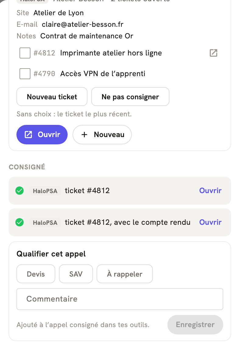 La fiche d'un appel terminé dans LeBigo : consigné dans HaloPSA, avec le compte rendu, et de quoi qualifier l'appel
