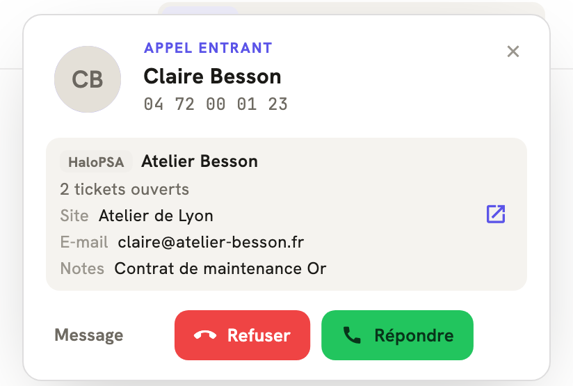 Un appel entrant dans LeBigo : le nom de l'appelante et ce que HaloPSA sait d'elle, avant de décrocher