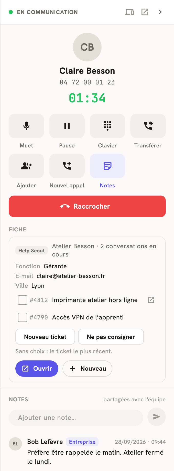 Le volet d'un appel en cours dans LeBigo : la fiche Help Scout du client, ses tickets à cocher, Nouveau ticket et Ne pas consigner