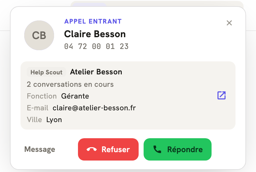 Un appel entrant dans LeBigo : le nom de l'appelante et ce que Help Scout sait d'elle, avant de décrocher