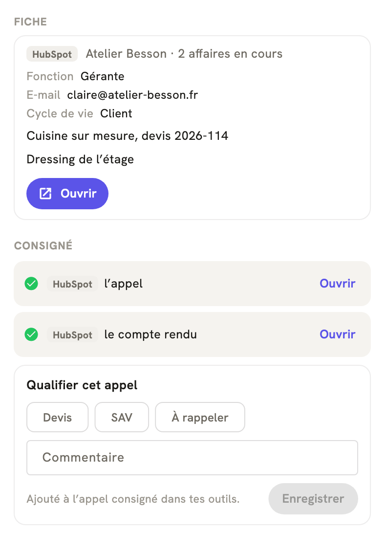 La fiche d'un appel terminé dans LeBigo : consigné dans HubSpot, avec le compte rendu, et de quoi qualifier l'appel