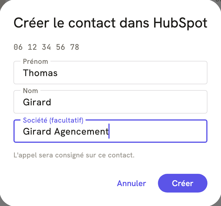 La fenêtre « Créer le contact dans HubSpot » de LeBigo, pendant un appel