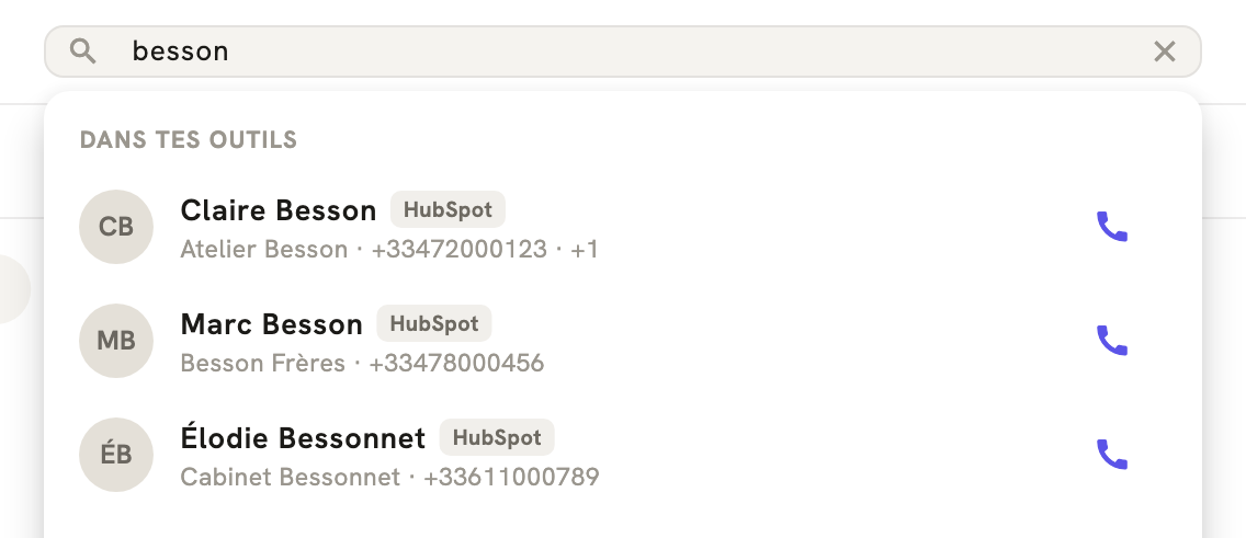 La recherche de LeBigo : trois contacts trouvés dans HubSpot, chacun avec son bouton d'appel