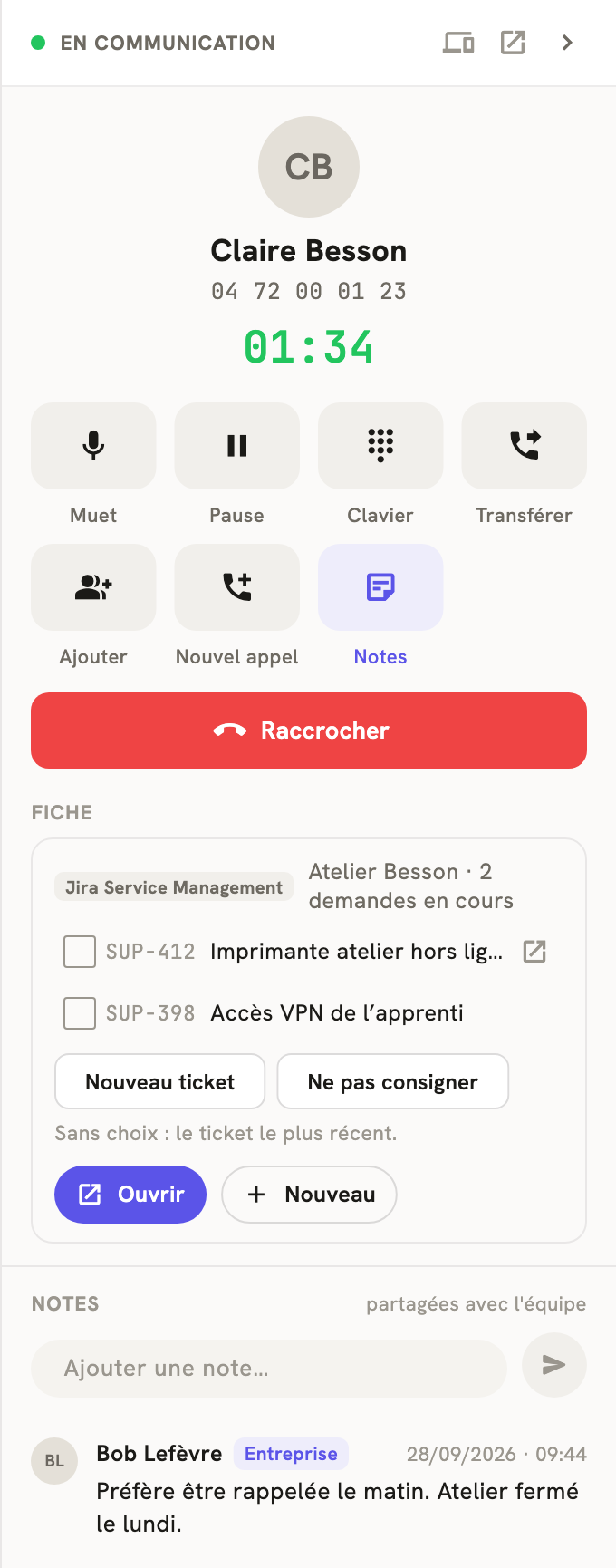 Le volet d'un appel en cours dans LeBigo : la fiche Jira Service Management du client, ses tickets à cocher, Nouveau ticket et Ne pas consigner