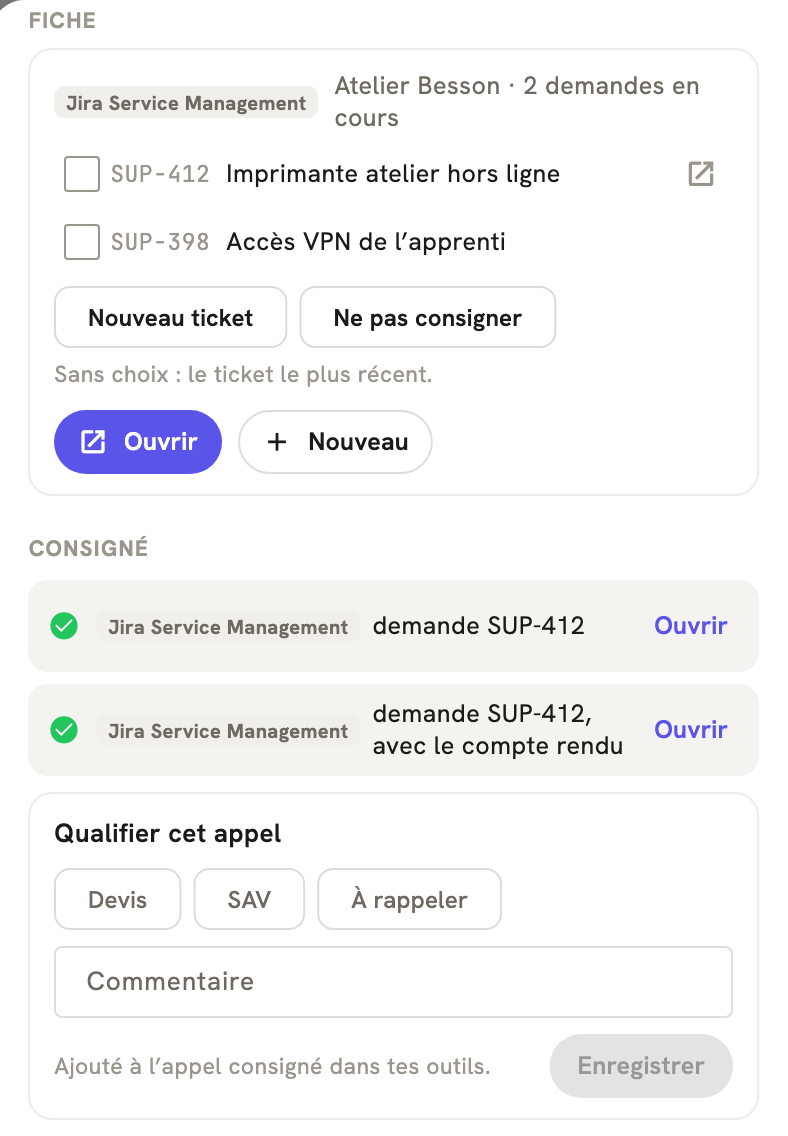 La fiche d'un appel terminé dans LeBigo : consigné dans Jira Service Management, avec le compte rendu, et de quoi qualifier l'appel