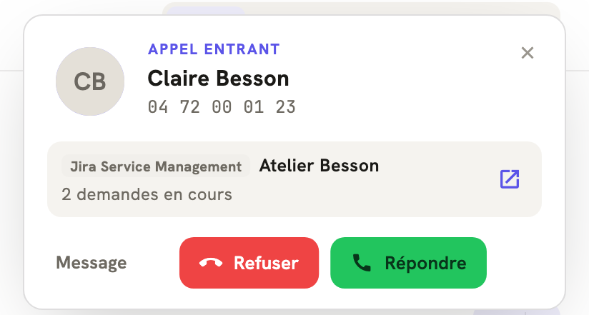 Un appel entrant dans LeBigo : le nom de l'appelante et ce que Jira Service Management sait d'elle, avant de décrocher