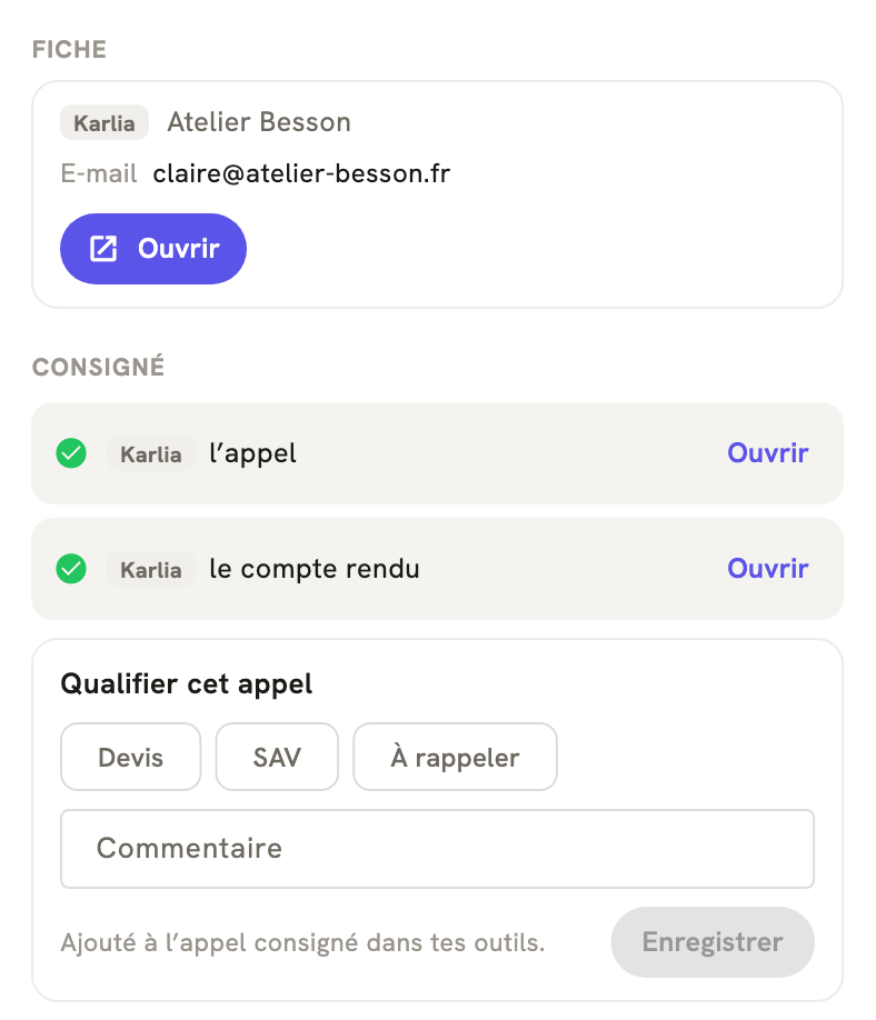 La fiche d'un appel terminé dans LeBigo : consigné dans Karlia, avec le compte rendu, et de quoi qualifier l'appel