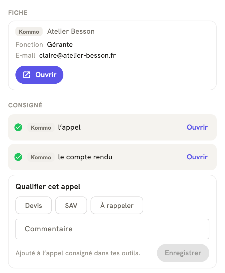 La fiche d'un appel terminé dans LeBigo : consigné dans Kommo, avec le compte rendu, et de quoi qualifier l'appel