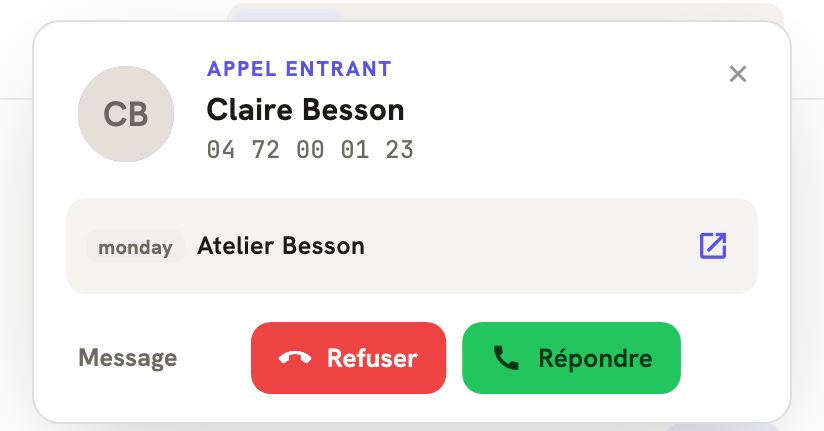 Un appel entrant dans LeBigo : le nom de l'appelante et ce que monday sait d'elle, avant de décrocher