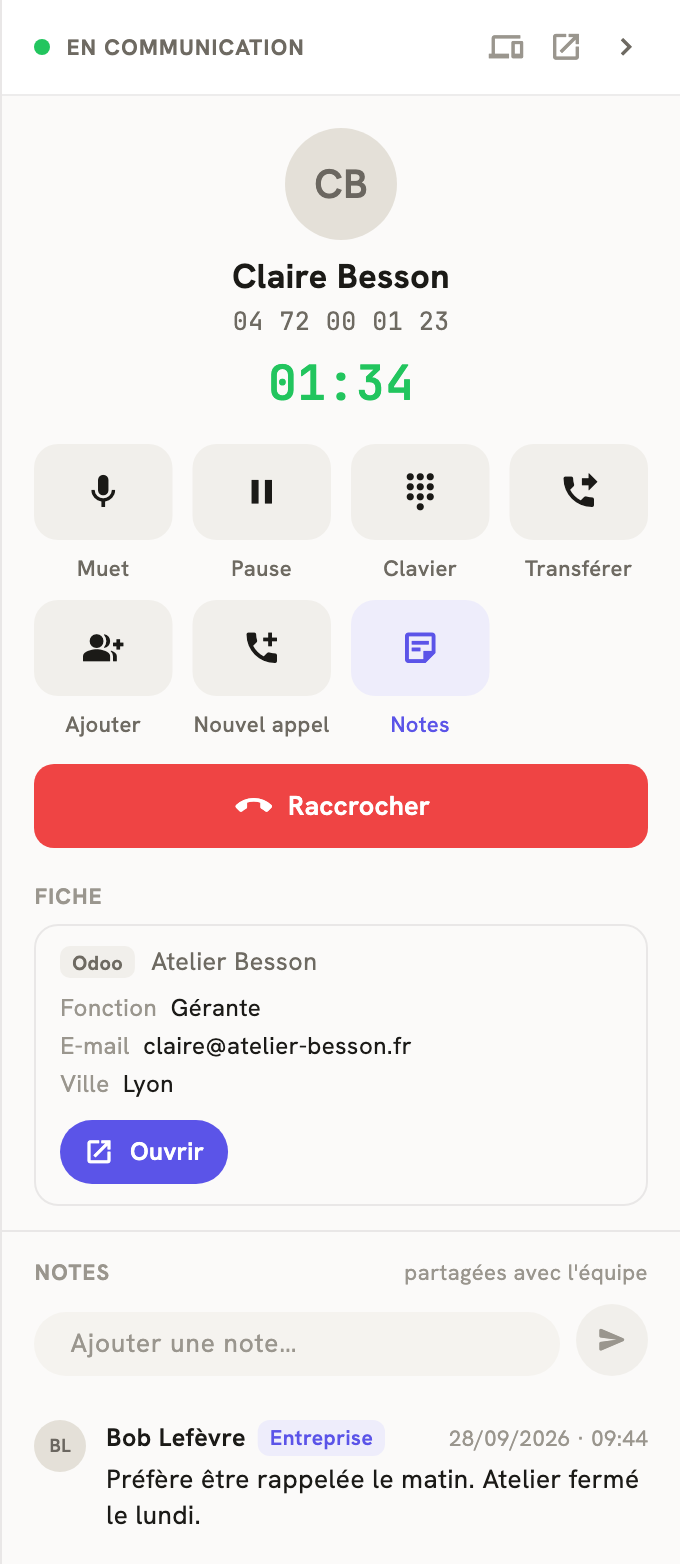 Le volet d'un appel en cours dans LeBigo, avec la fiche Odoo du contact