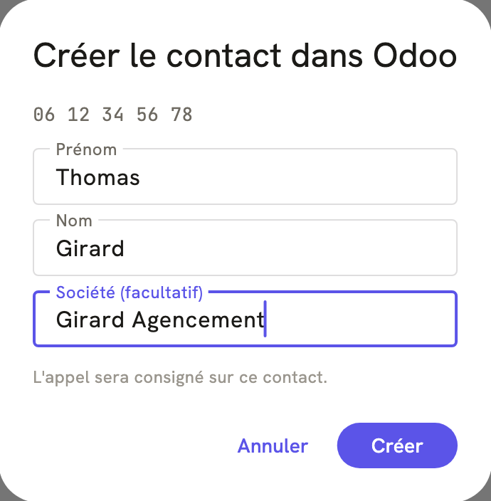 La fenêtre « Créer le contact dans Odoo » de LeBigo, pendant un appel