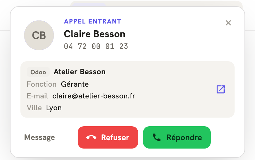 Un appel entrant dans LeBigo : le nom de l'appelante et ce que Odoo sait d'elle, avant de décrocher