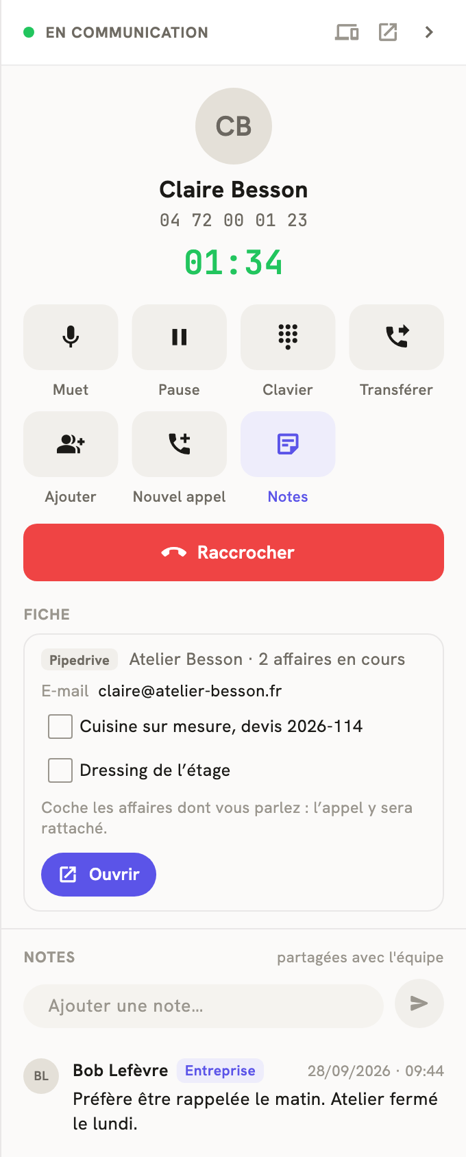 Le volet d'un appel en cours dans LeBigo : la fiche Pipedrive du contact et ses affaires à cocher