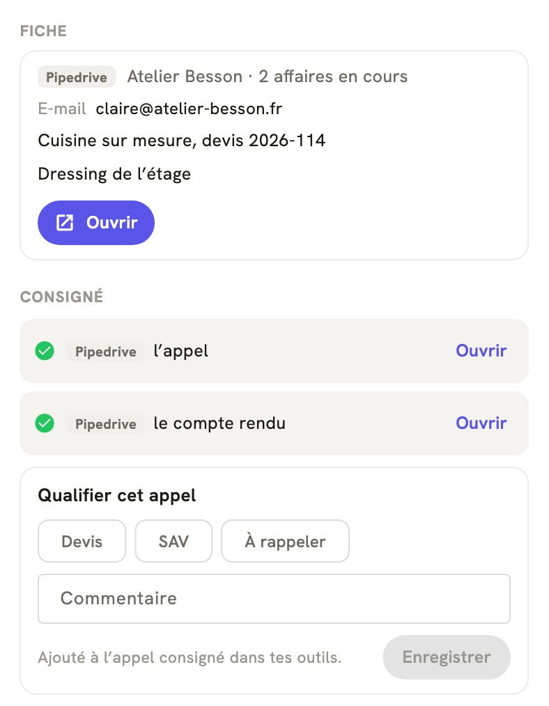La fiche d'un appel terminé dans LeBigo : consigné dans Pipedrive, avec le compte rendu, et de quoi qualifier l'appel
