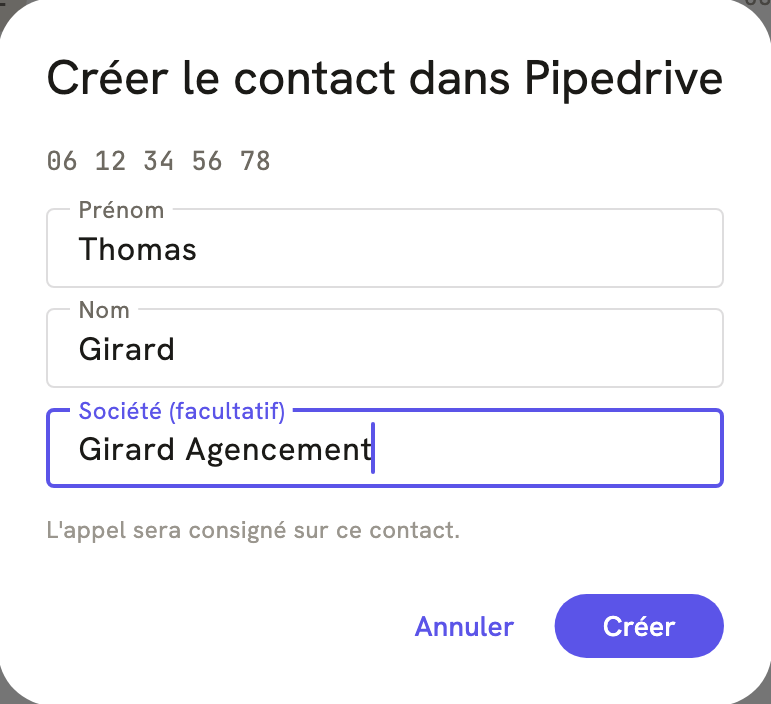 La fenêtre « Créer le contact dans Pipedrive » de LeBigo, pendant un appel