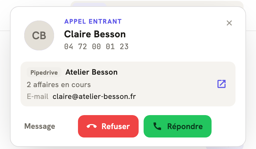 Un appel entrant dans LeBigo : le nom de l'appelante et ce que Pipedrive sait d'elle, avant de décrocher