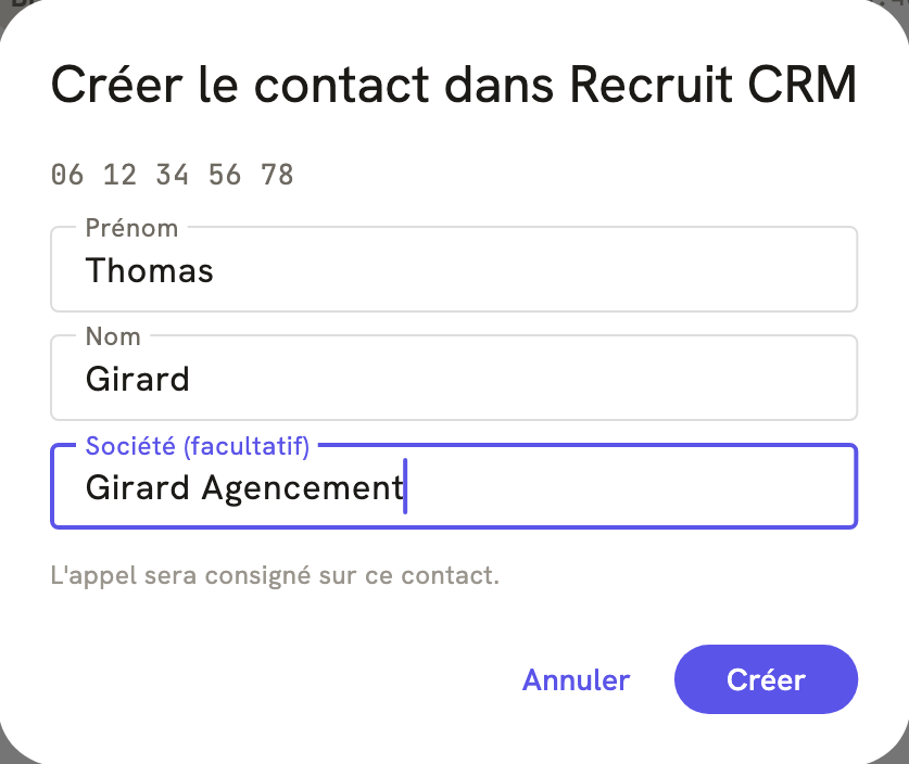 La fenêtre « Créer le contact dans Recruit CRM » de LeBigo, pendant un appel