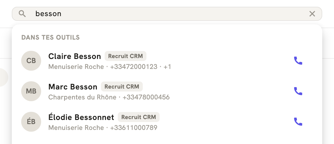 La recherche de LeBigo : trois contacts trouvés dans Recruit CRM, chacun avec son bouton d'appel