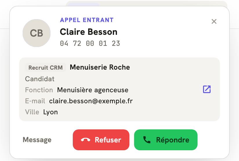 Un appel entrant dans LeBigo : le nom de l'appelante et ce que Recruit CRM sait d'elle, avant de décrocher