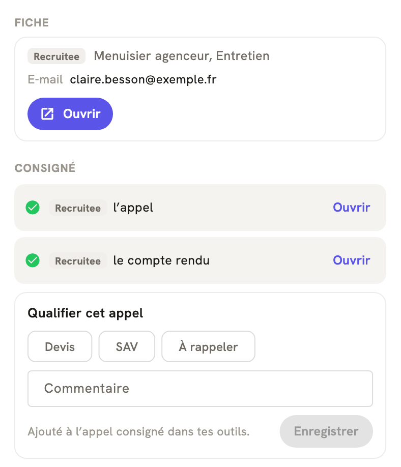 La fiche d'un appel terminé dans LeBigo : consigné dans Recruitee, avec le compte rendu, et de quoi qualifier l'appel