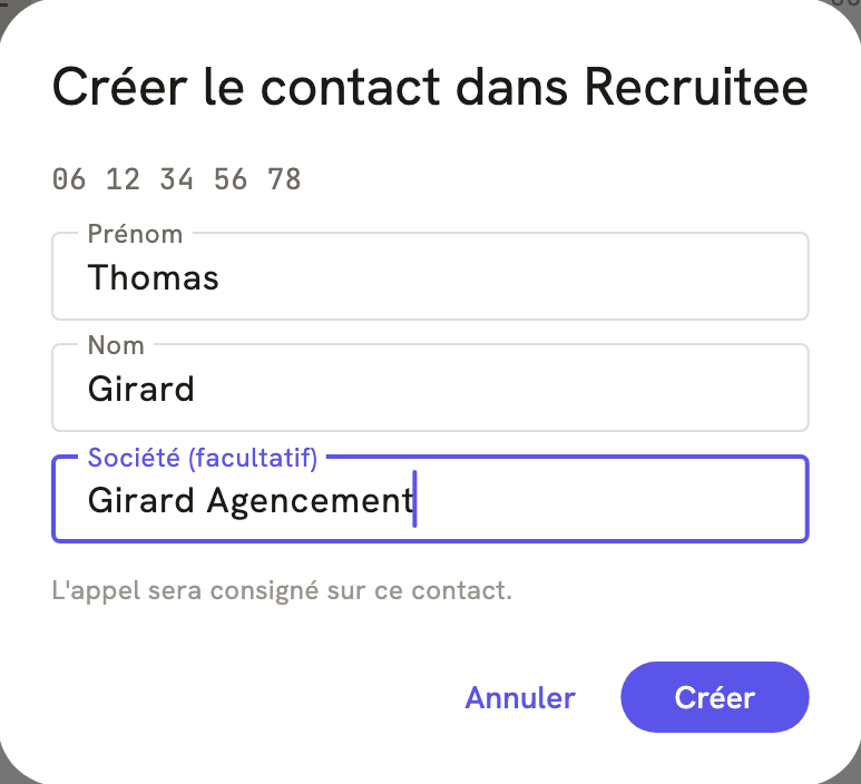 La fenêtre « Créer le contact dans Recruitee » de LeBigo, pendant un appel