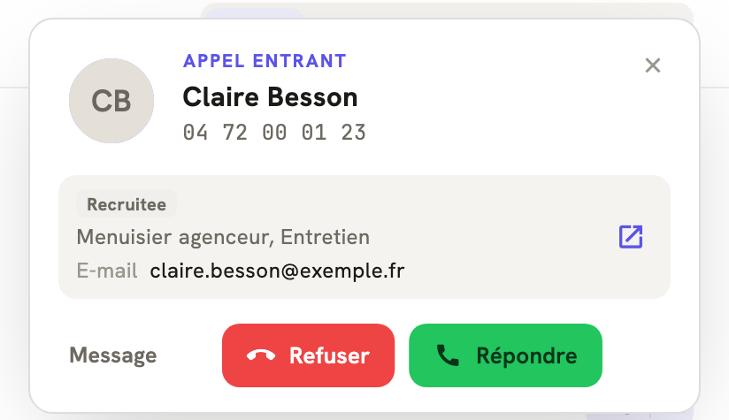 Un appel entrant dans LeBigo : le nom de l'appelante et ce que Recruitee sait d'elle, avant de décrocher