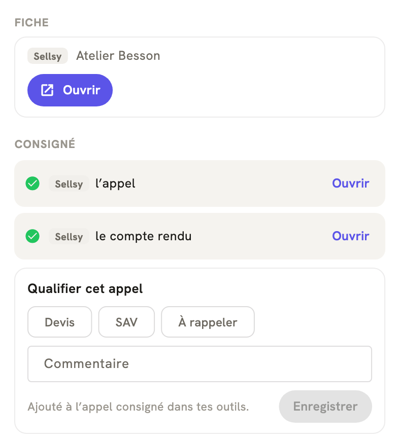 La fiche d'un appel terminé dans LeBigo : consigné dans Sellsy, avec le compte rendu, et de quoi qualifier l'appel