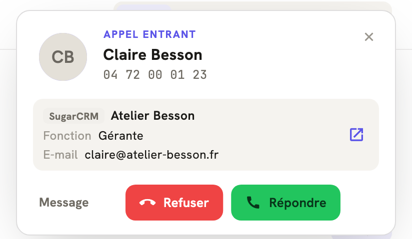 Un appel entrant dans LeBigo : le nom de l'appelante et ce que SugarCRM sait d'elle, avant de décrocher