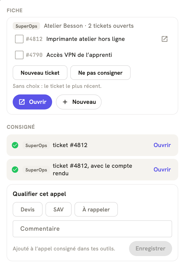 La fiche d'un appel terminé dans LeBigo : consigné dans SuperOps, avec le compte rendu, et de quoi qualifier l'appel