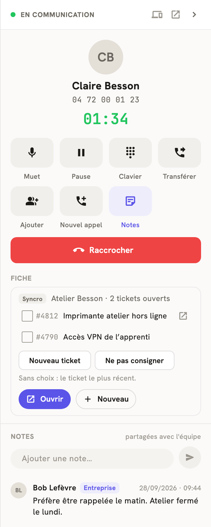 Le volet d'un appel en cours dans LeBigo : la fiche Syncro du client, ses tickets à cocher, Nouveau ticket et Ne pas consigner