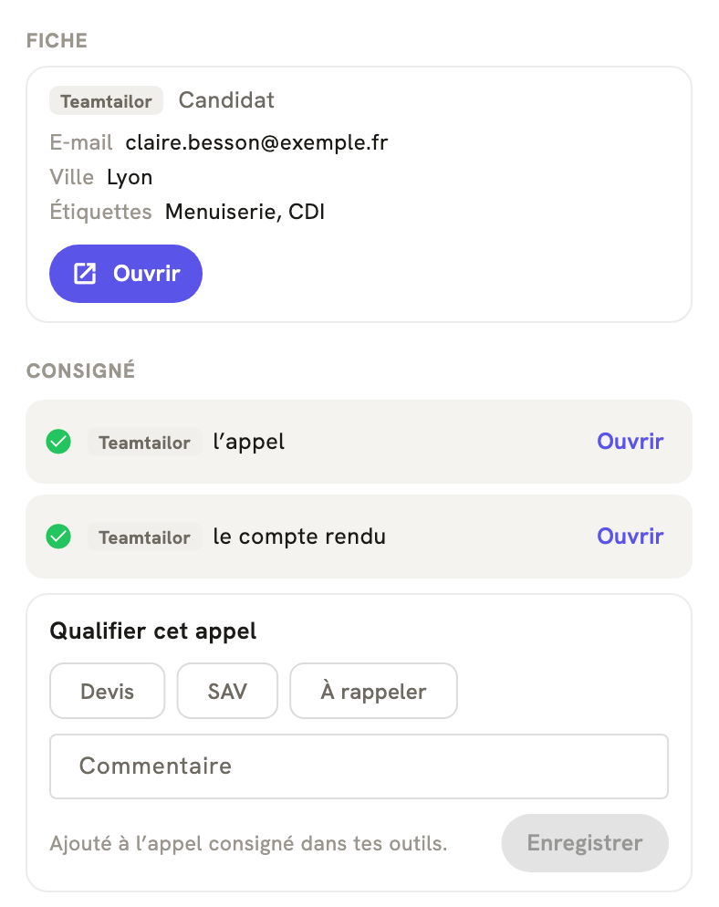 La fiche d'un appel terminé dans LeBigo : consigné dans Teamtailor, avec le compte rendu, et de quoi qualifier l'appel
