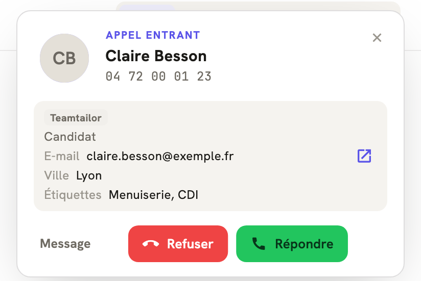 Un appel entrant dans LeBigo : le nom de l'appelante et ce que Teamtailor sait d'elle, avant de décrocher