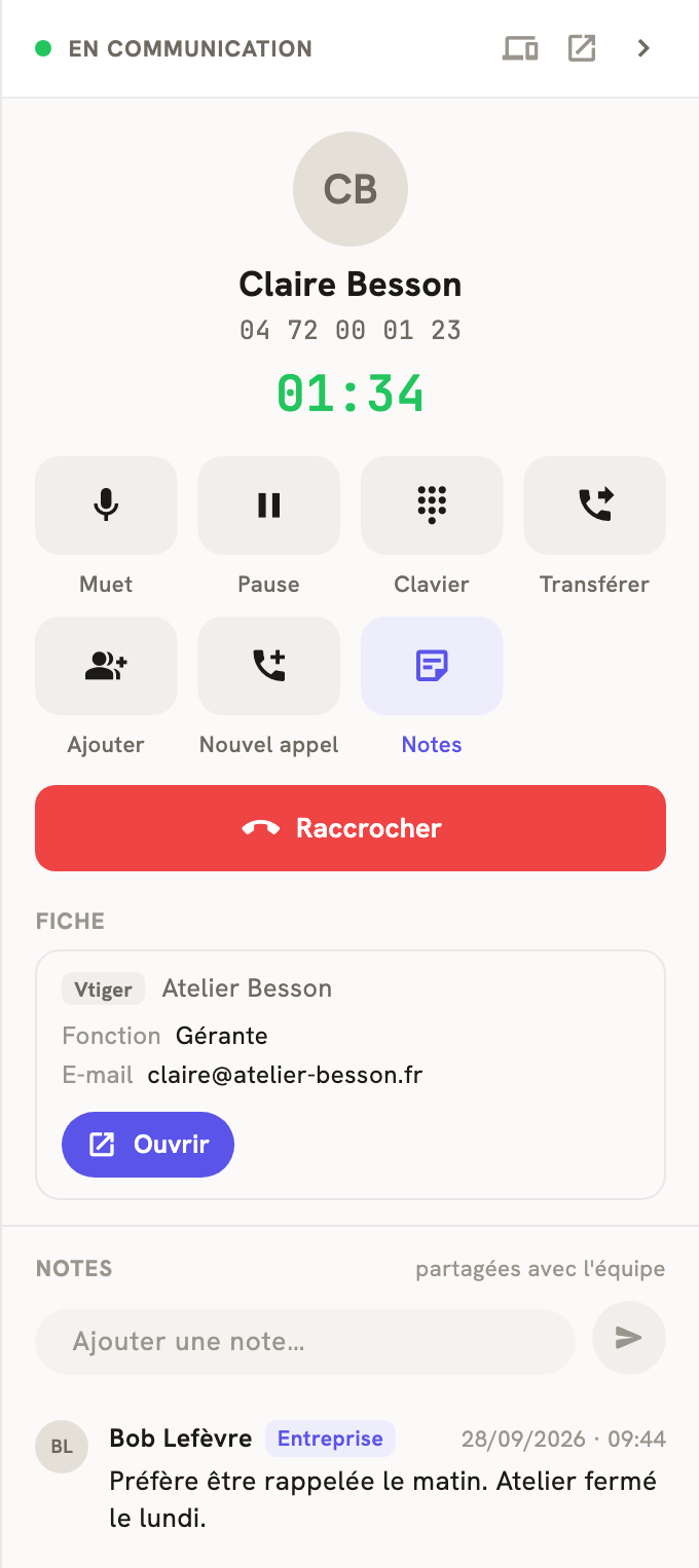 Le volet d'un appel en cours dans LeBigo, avec la fiche Vtiger du contact