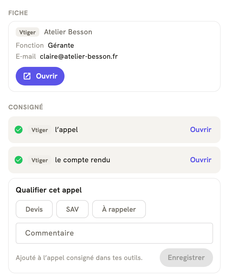La fiche d'un appel terminé dans LeBigo : consigné dans Vtiger, avec le compte rendu, et de quoi qualifier l'appel