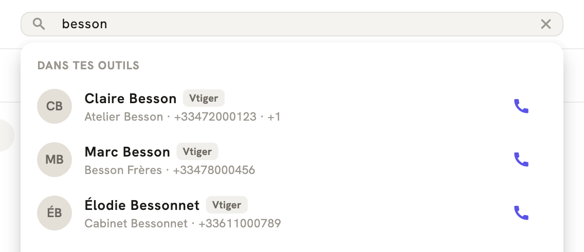 La recherche de LeBigo : trois contacts trouvés dans Vtiger, chacun avec son bouton d'appel