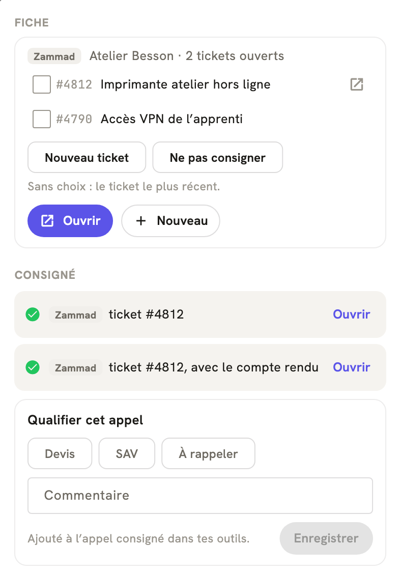 La fiche d'un appel terminé dans LeBigo : consigné dans Zammad, avec le compte rendu, et de quoi qualifier l'appel