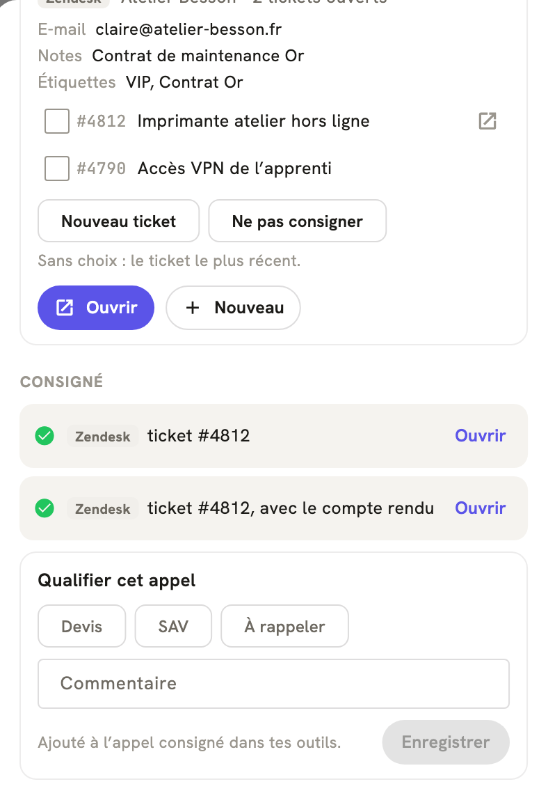 La fiche d'un appel terminé dans LeBigo : consigné dans Zendesk, avec le compte rendu, et de quoi qualifier l'appel