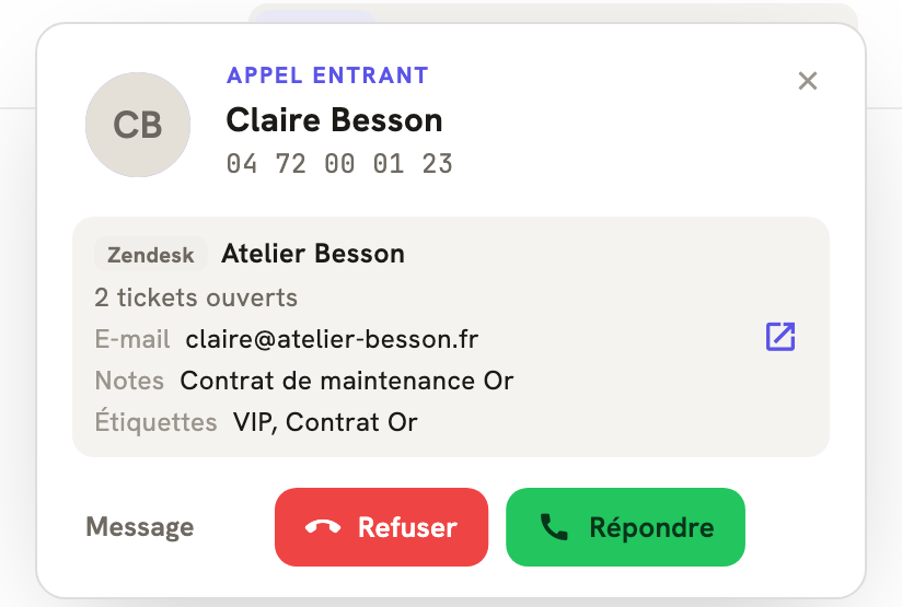 Un appel entrant dans LeBigo : le nom de l'appelante et ce que Zendesk sait d'elle, avant de décrocher
