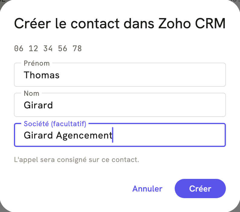 La fenêtre « Créer le contact dans Zoho CRM » de LeBigo, pendant un appel