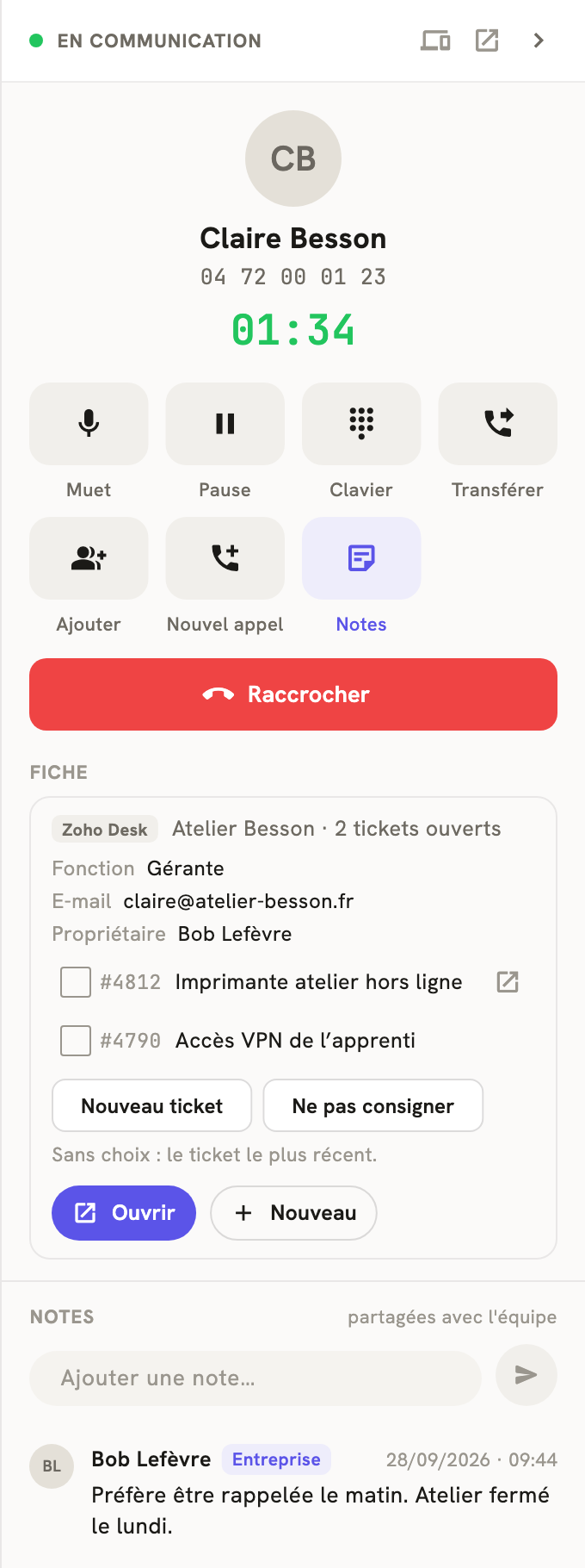 Le volet d'un appel en cours dans LeBigo : la fiche Zoho Desk du client, ses tickets à cocher, Nouveau ticket et Ne pas consigner
