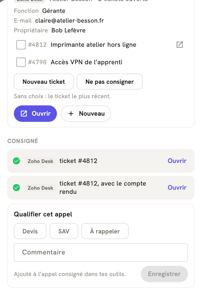 La fiche d'un appel terminé dans LeBigo : consigné dans Zoho Desk, avec le compte rendu, et de quoi qualifier l'appel