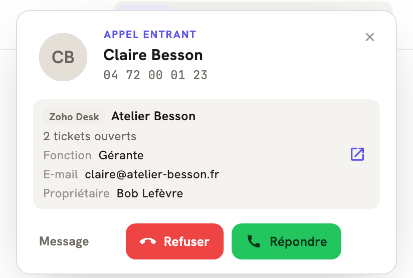 Un appel entrant dans LeBigo : le nom de l'appelante et ce que Zoho Desk sait d'elle, avant de décrocher